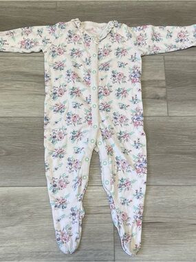 3/15 Floral Print Baby Snap Up Onesie - White with Pink & Green